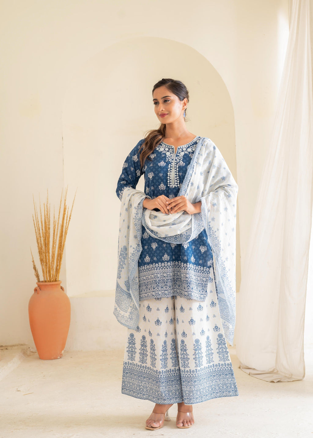 Juniper Floral Embroidered Cotton Kurta, Printed Straight-Fit Pants | Grocsy
