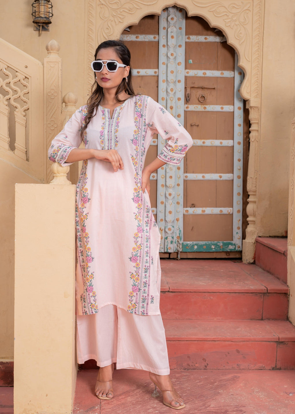 Juniper Soft Pastel Floral Printed Onion Pink Kurti Set | Grocsy