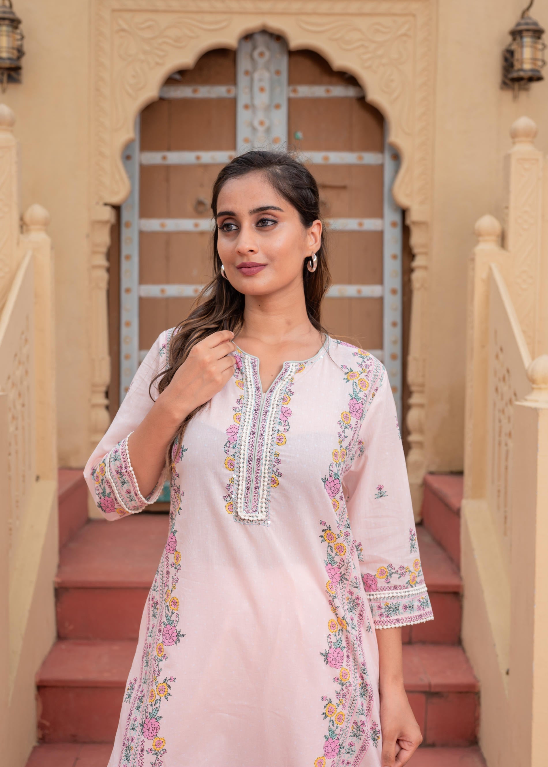 Juniper Soft Pastel Floral Printed Onion Pink Kurti Set | Grocsy