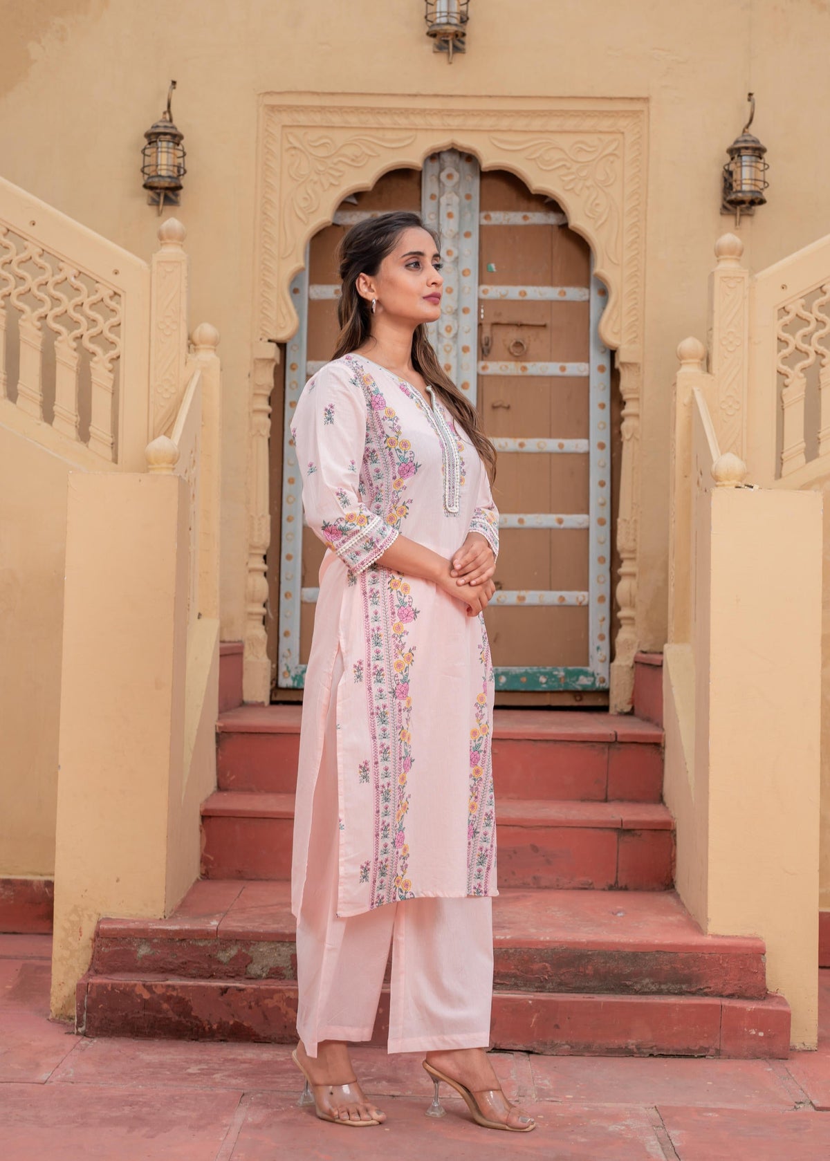 Juniper Soft Pastel Floral Printed Onion Pink Kurti Set | Grocsy