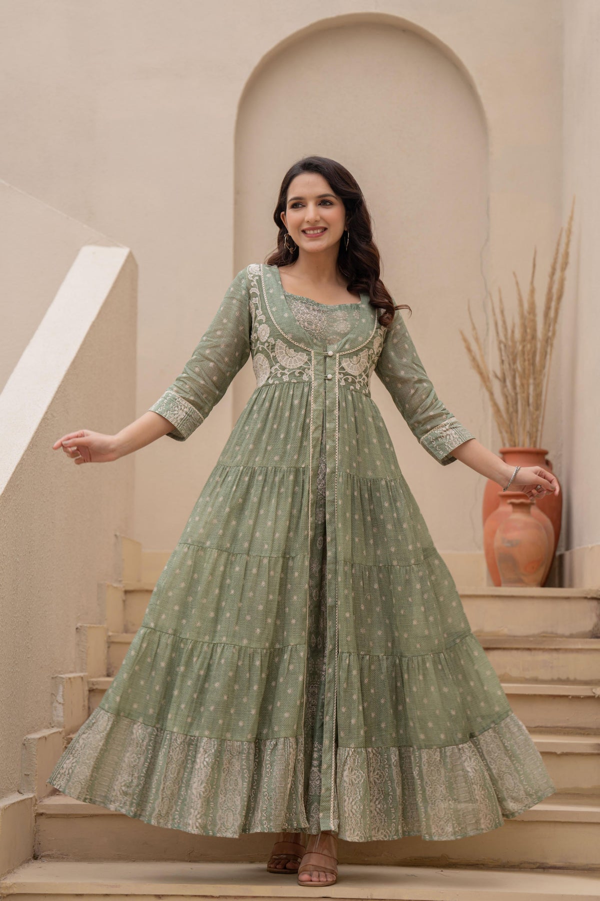 Juniper Azure Green Whispers Boho Tiered Anarkali Dress | Grocsy