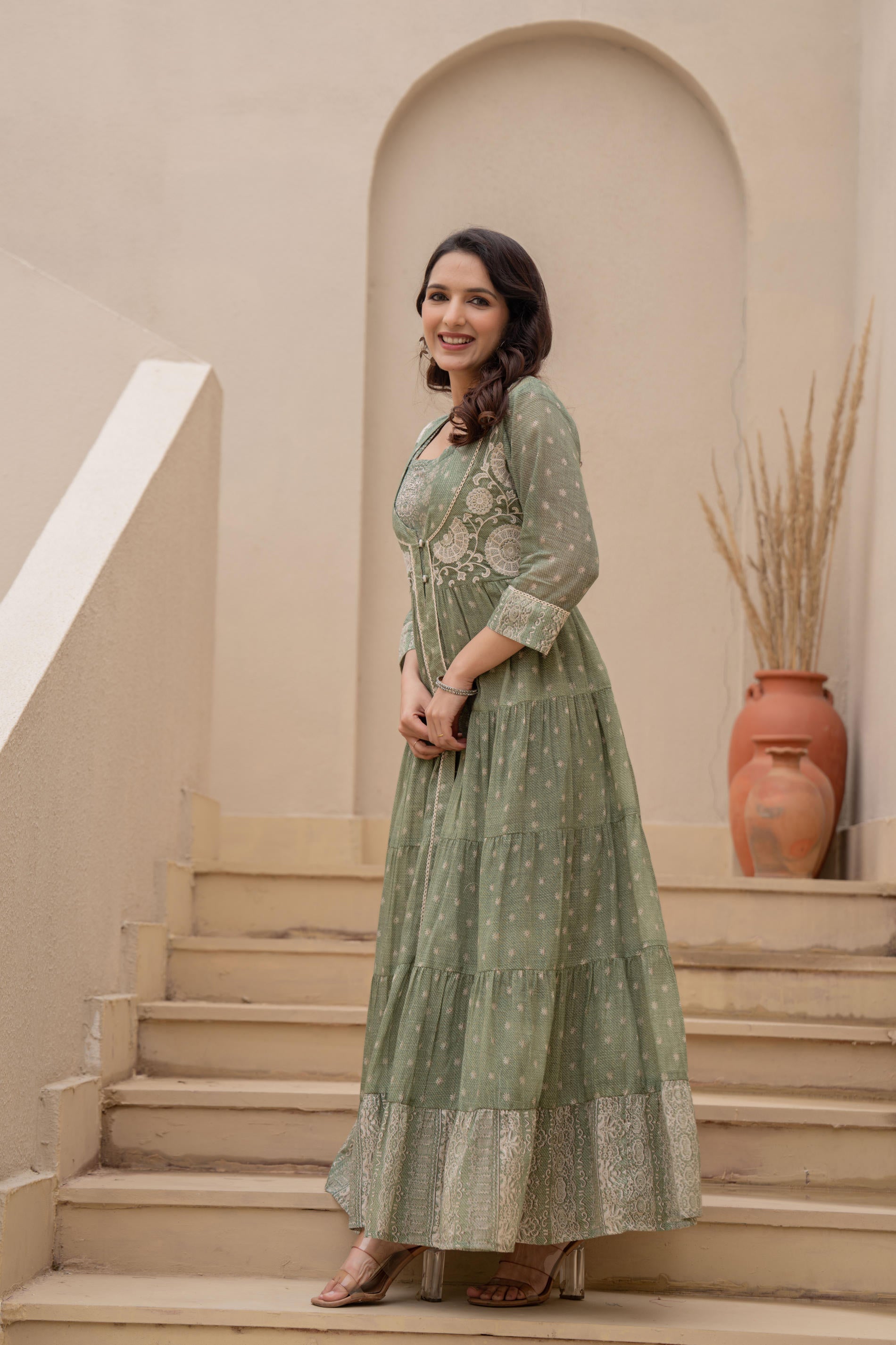 Juniper Azure Green Whispers Boho Tiered Anarkali Dress | Grocsy