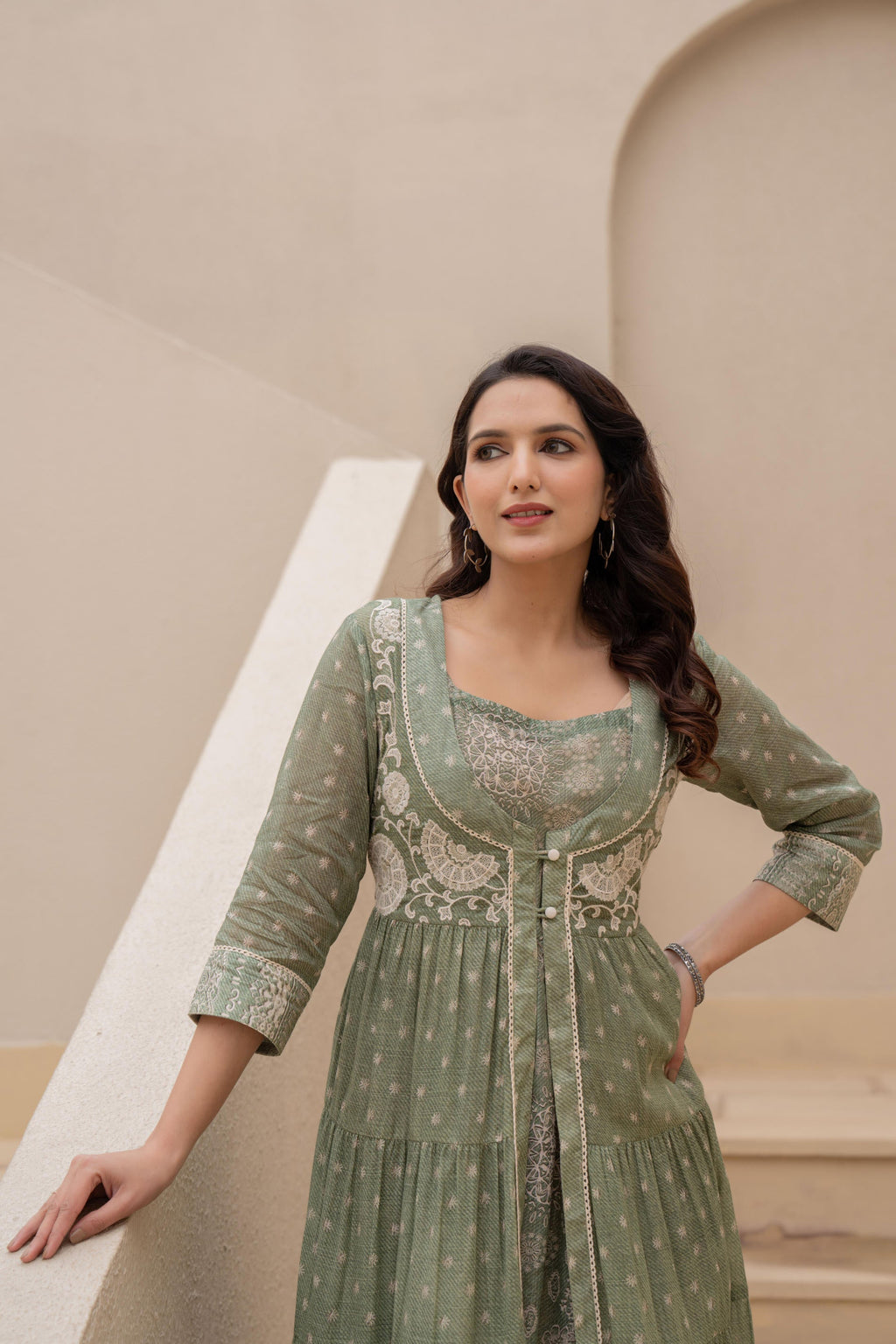 Juniper Azure Green Whispers Boho Tiered Anarkali Dress | Grocsy