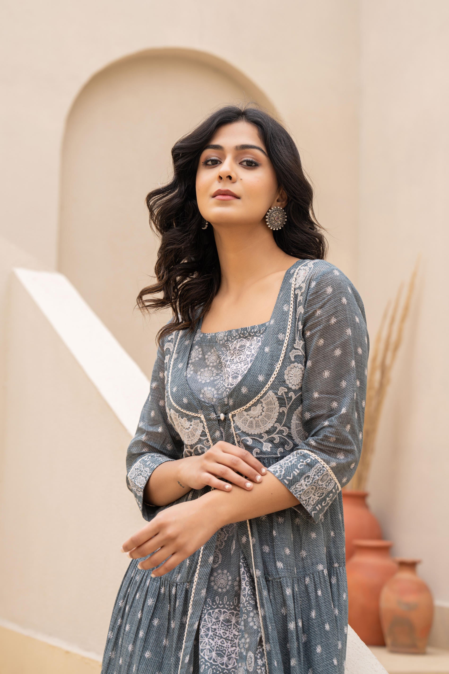 Juniper Azure Grey Whispers Boho Tiered Anarkali Dress | Grocsy