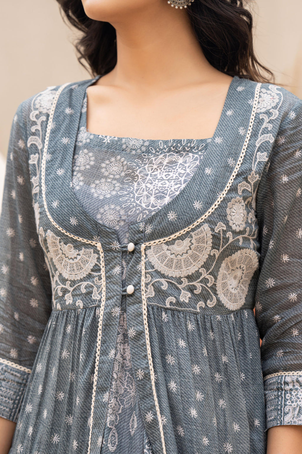 Juniper Azure Grey Whispers Boho Tiered Anarkali Dress | Grocsy