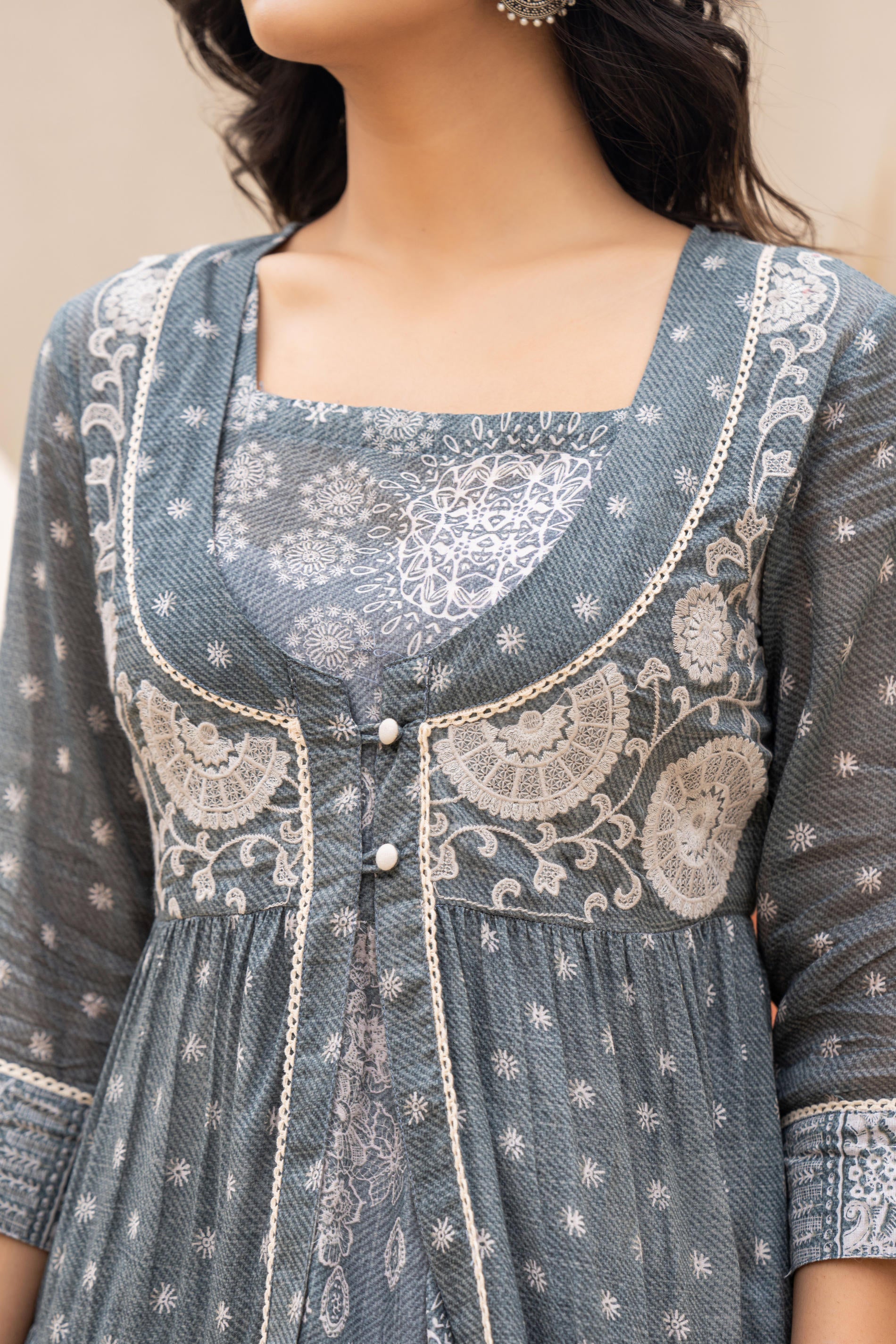 Juniper Azure Grey Whispers Boho Tiered Anarkali Dress | Grocsy