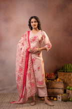 Juniper Gulbahaar Blush Floral Kurta Pant And Dupatta Set | Grocsy