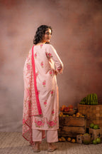 Juniper Gulbahaar Blush Floral Kurta Pant And Dupatta Set | Grocsy
