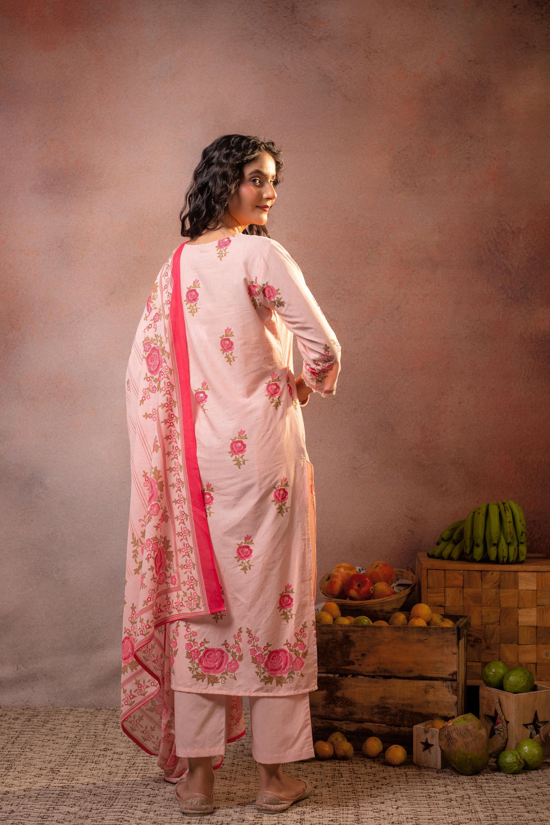 Juniper Gulbahaar Blush Floral Kurta Pant And Dupatta Set | Grocsy