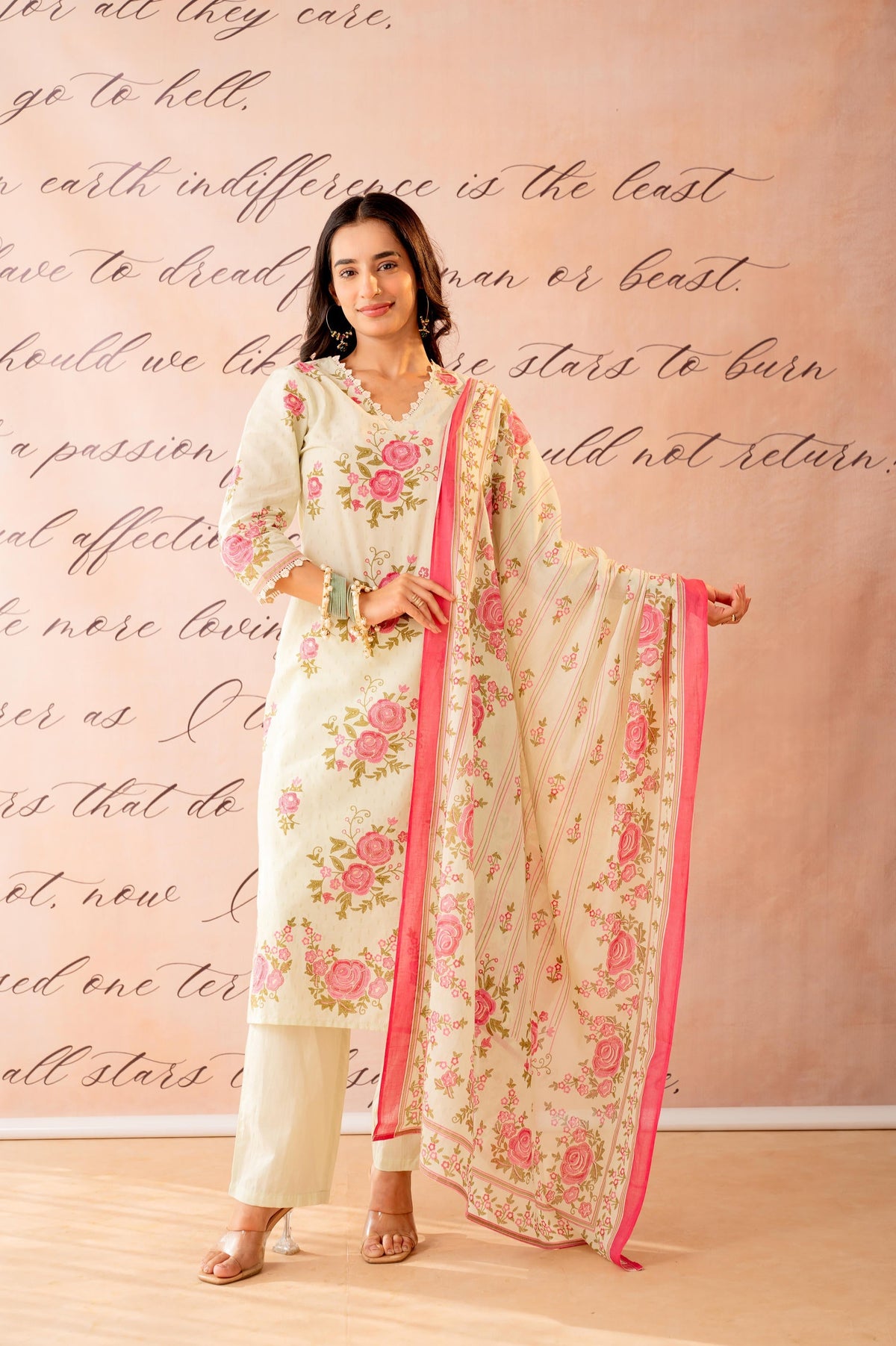 Juniper Gulbahaar Blush Floral Kurta Pant And Dupatta Set | Grocsy