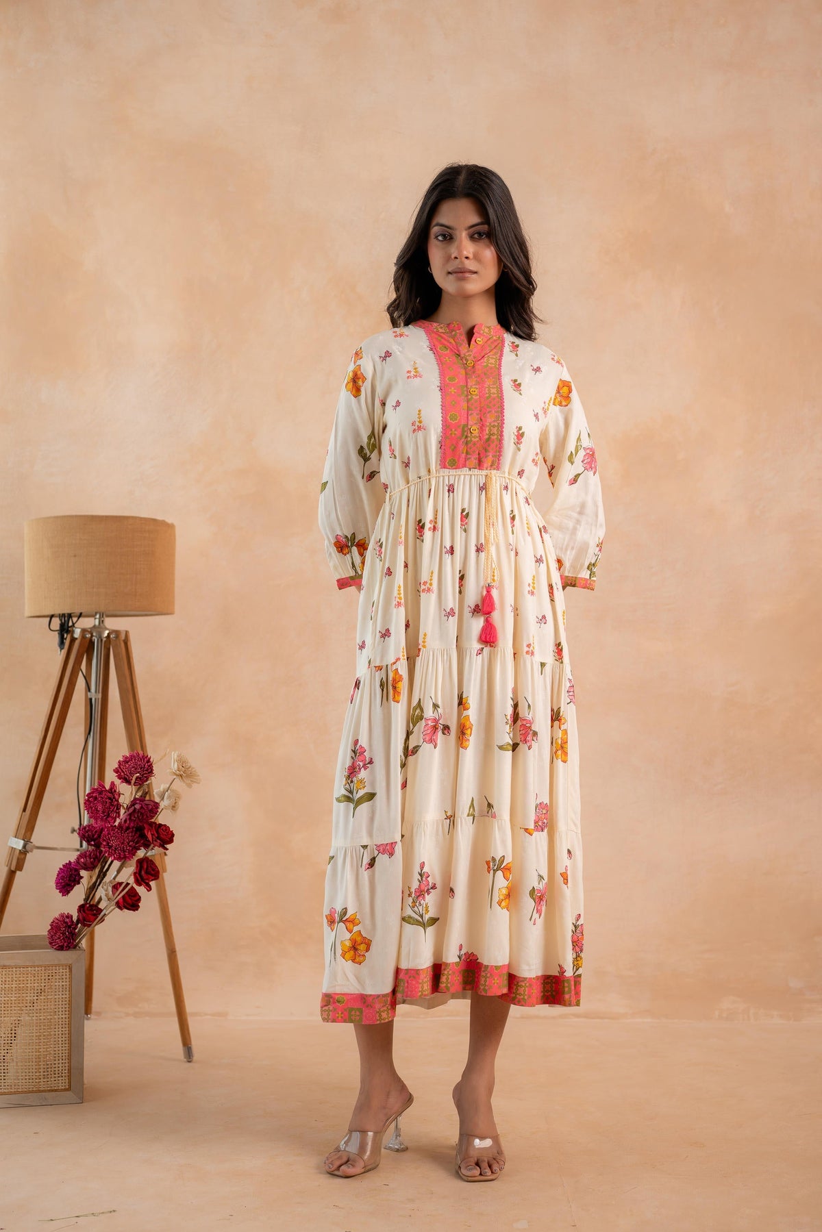 Juniper Beige Gulnaar Floral Yoke Dress | Grocsy