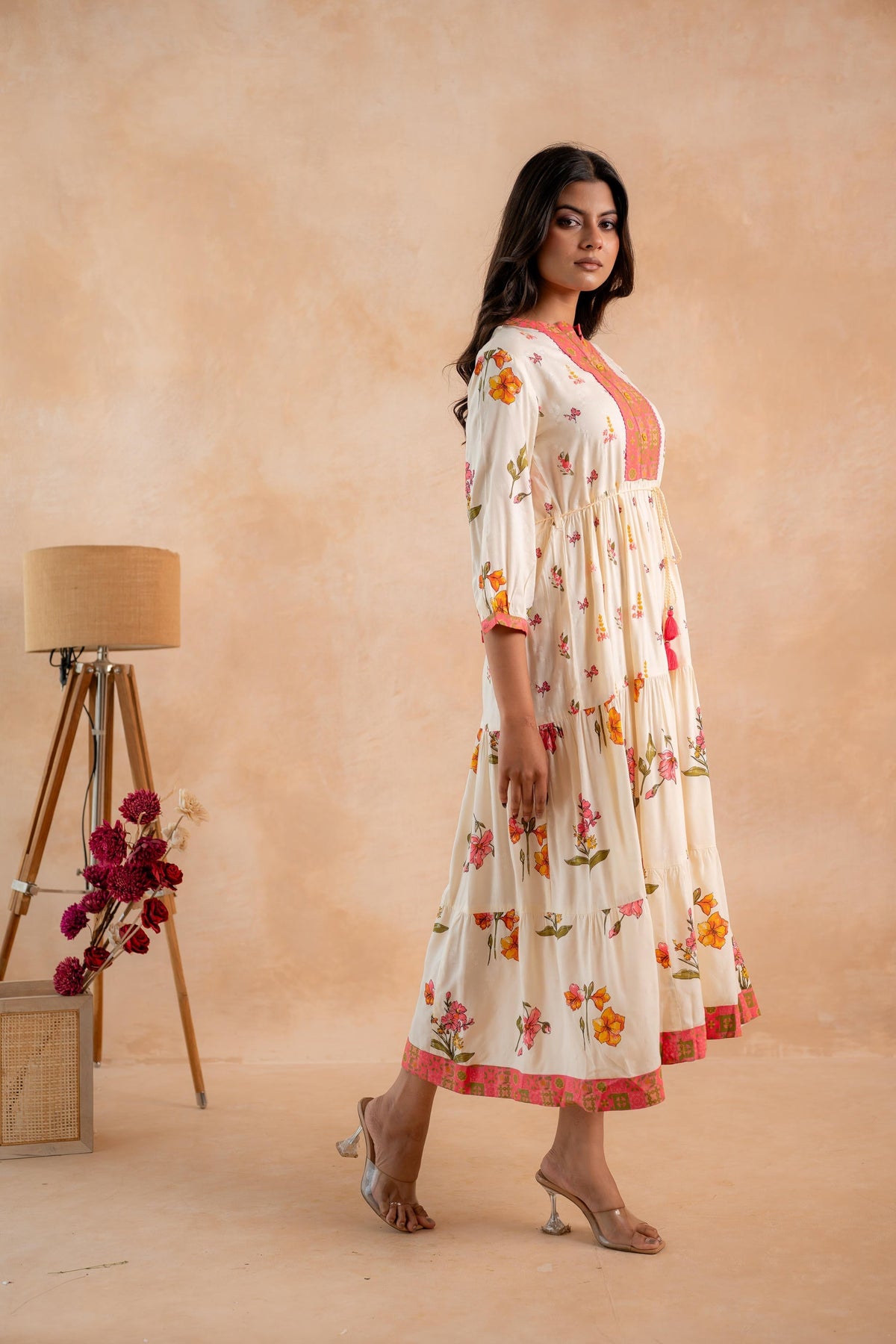 Juniper Beige Gulnaar Floral Yoke Dress | Grocsy