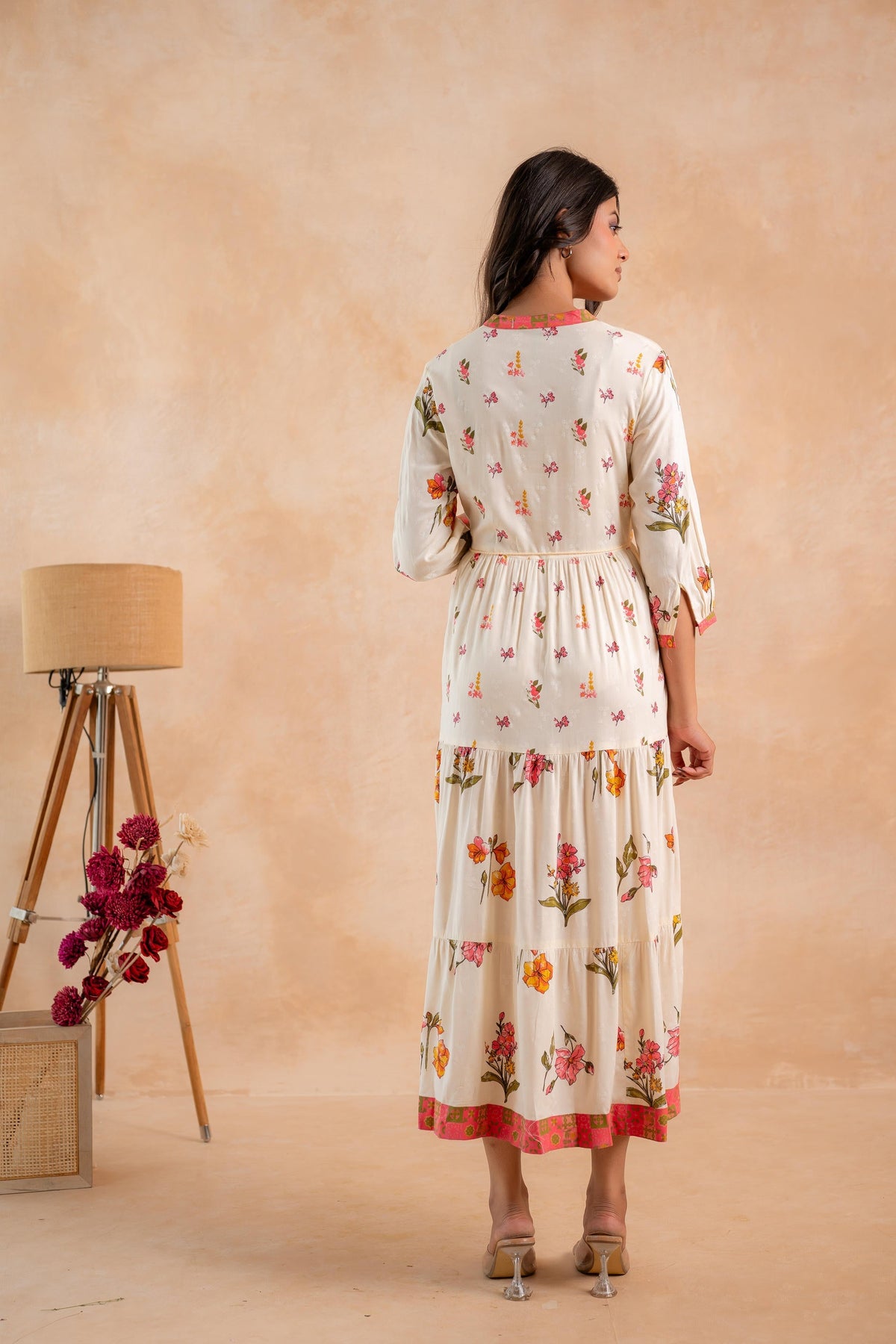 Juniper Beige Gulnaar Floral Yoke Dress | Grocsy