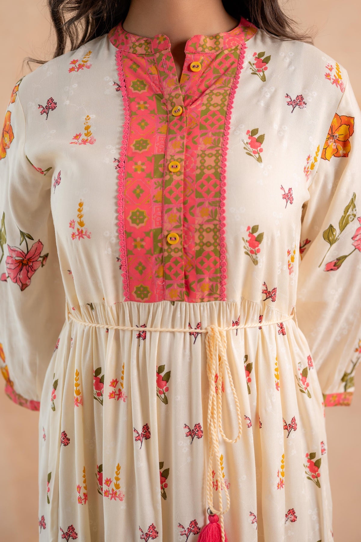 Juniper Beige Gulnaar Floral Yoke Dress | Grocsy