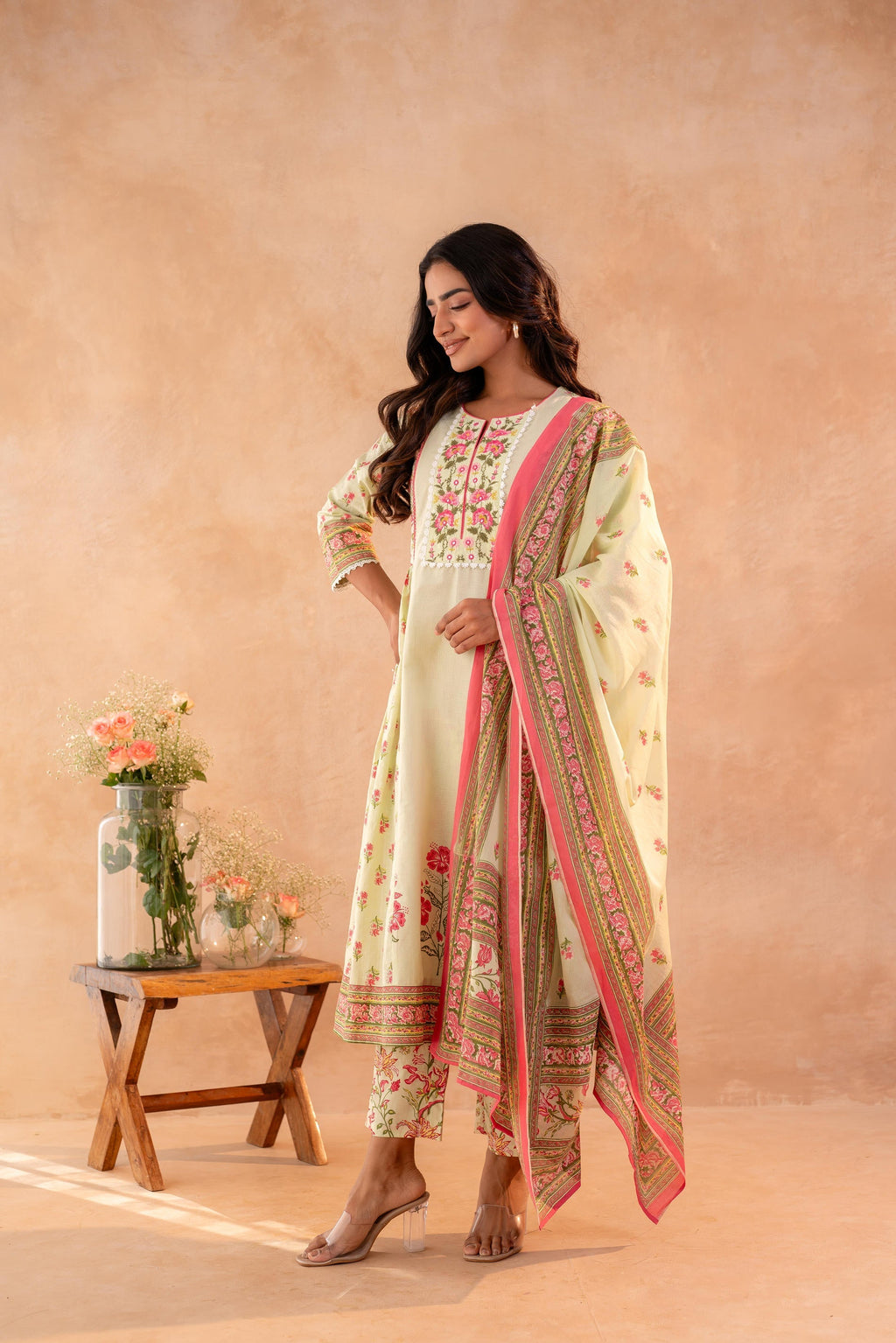 Juniper Noor-e-Gul SageGreen Printed Kurta Pant And Dupatta Set | Grocsy
