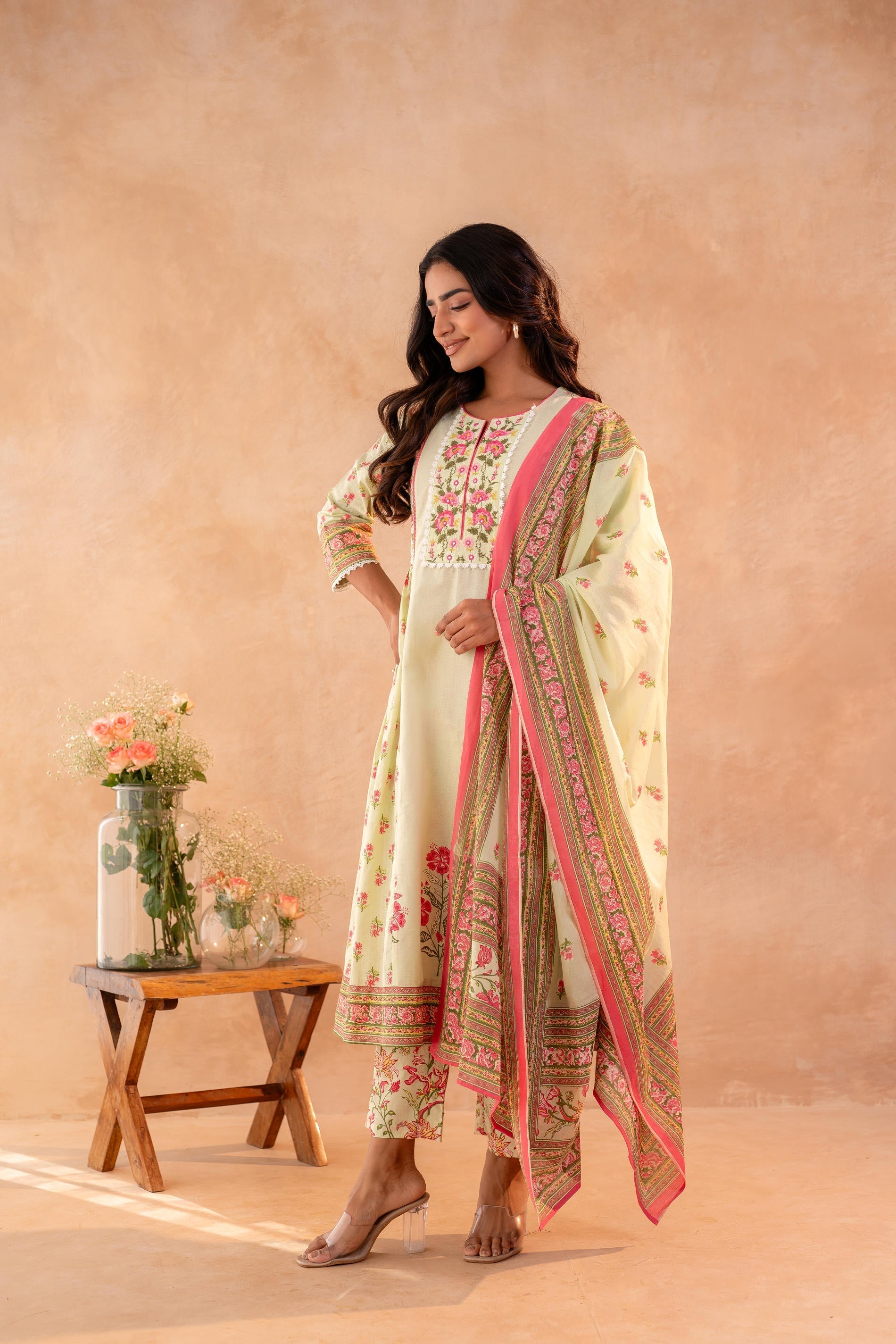 Juniper Noor-e-Gul SageGreen Printed Kurta Pant And Dupatta Set | Grocsy