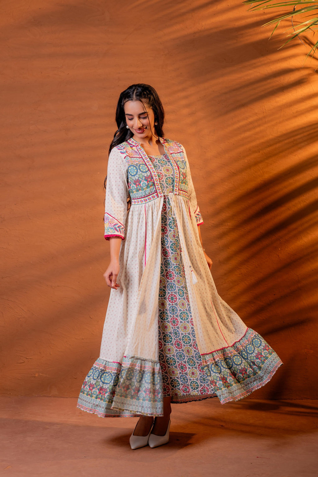 Juniper Ivory Embroidered Flared Midi Dress With Ethnic Motifs | Grocsy