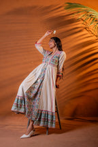 Juniper Ivory Embroidered Flared Midi Dress With Ethnic Motifs | Grocsy