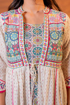 Juniper Ivory Embroidered Flared Midi Dress With Ethnic Motifs | Grocsy