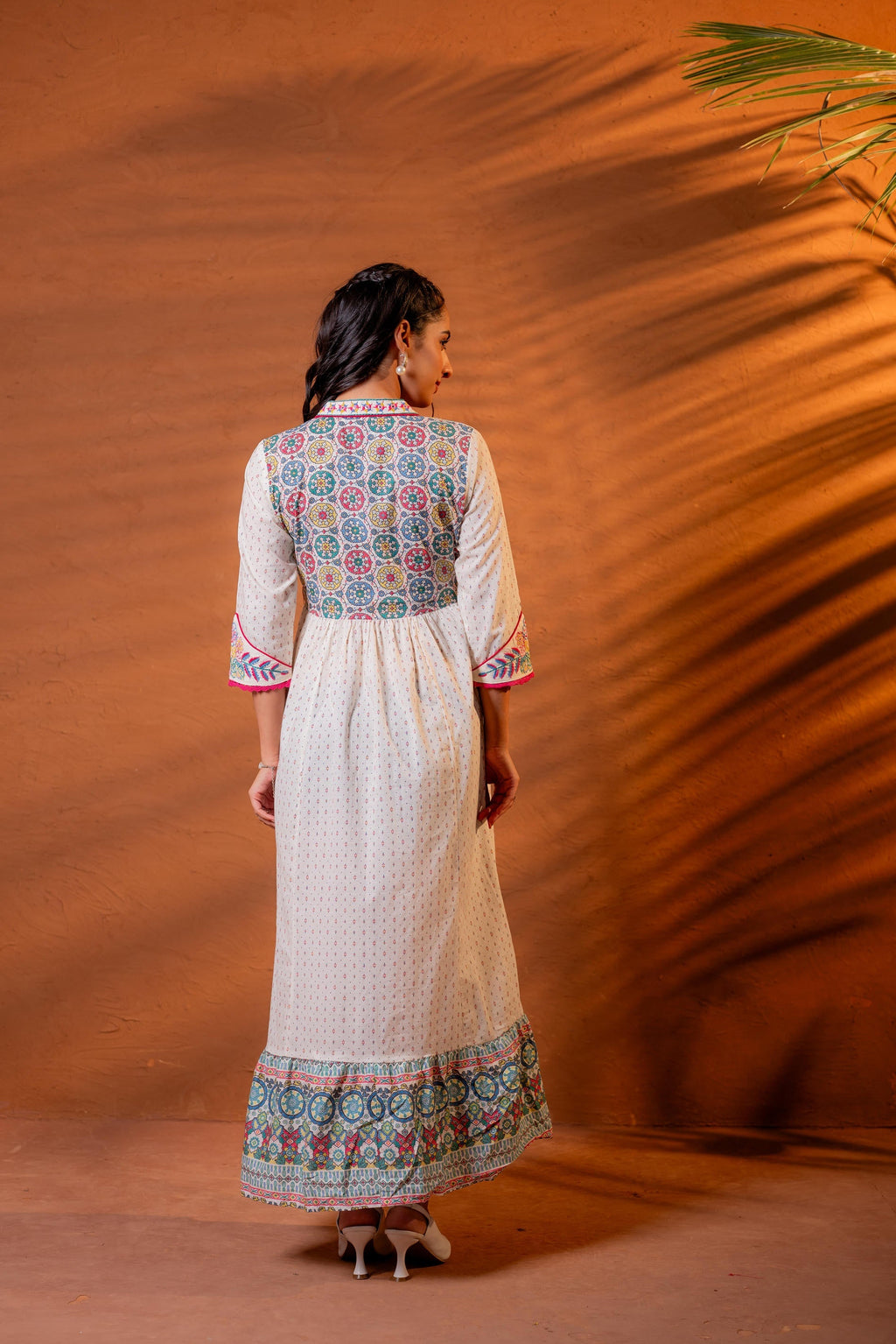 Juniper Ivory Embroidered Flared Midi Dress With Ethnic Motifs | Grocsy