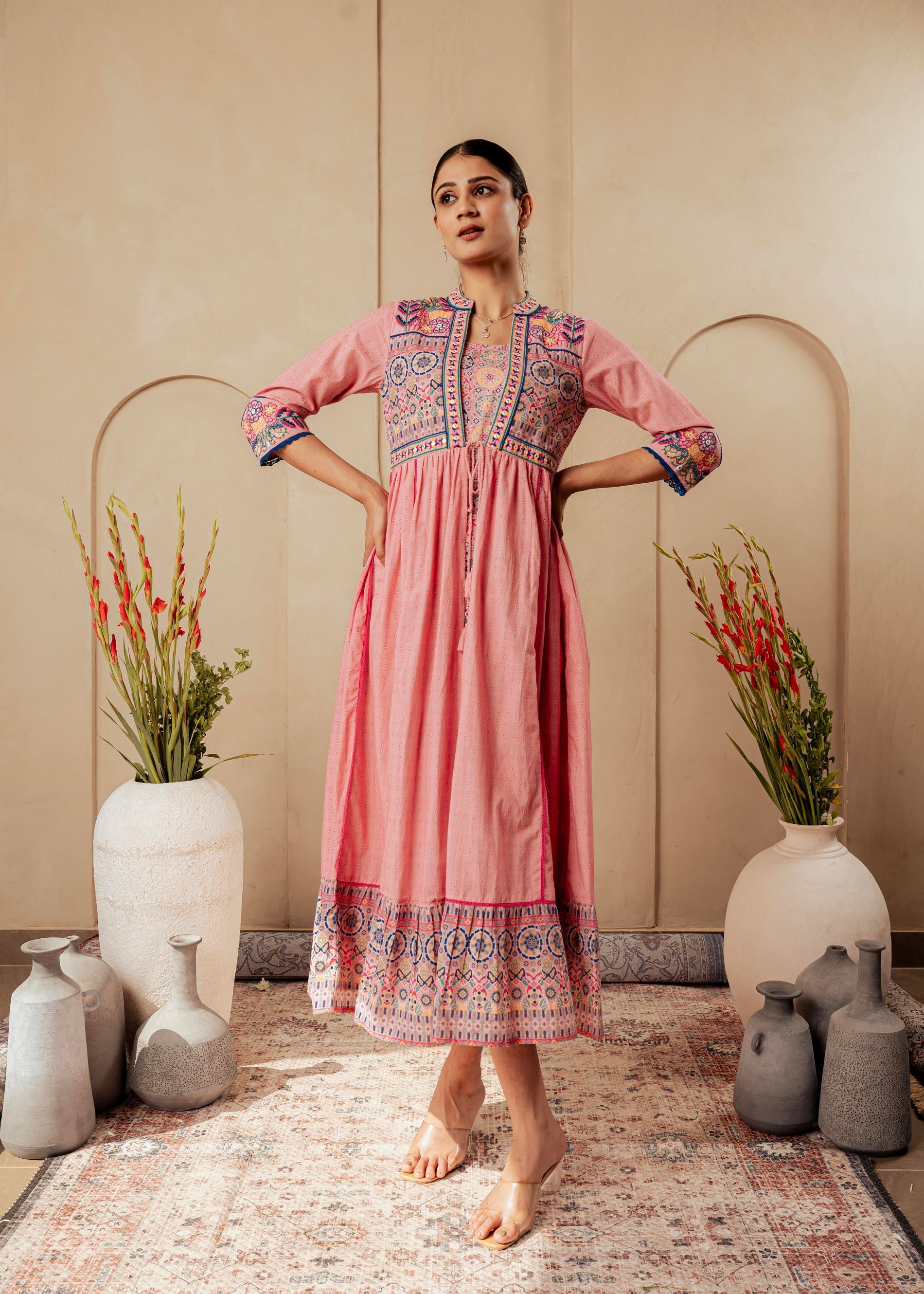 Juniper Onion Pink Embroidered Flared Midi Dress With Ethnic Motifs | Grocsy