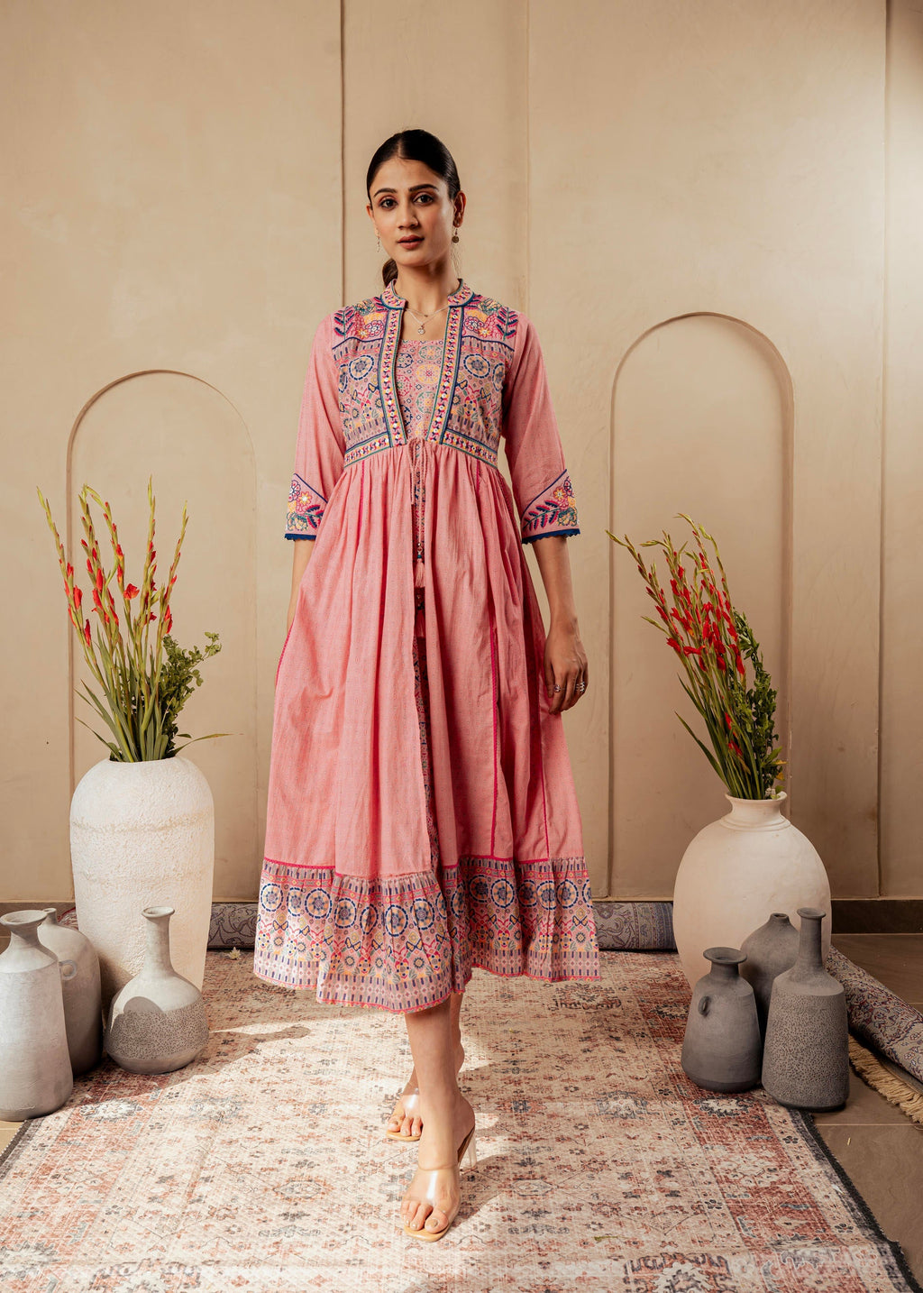 Juniper Onion Pink Embroidered Flared Midi Dress With Ethnic Motifs | Grocsy