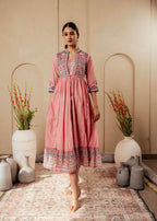 Juniper Onion Pink Embroidered Flared Midi Dress With Ethnic Motifs | Grocsy
