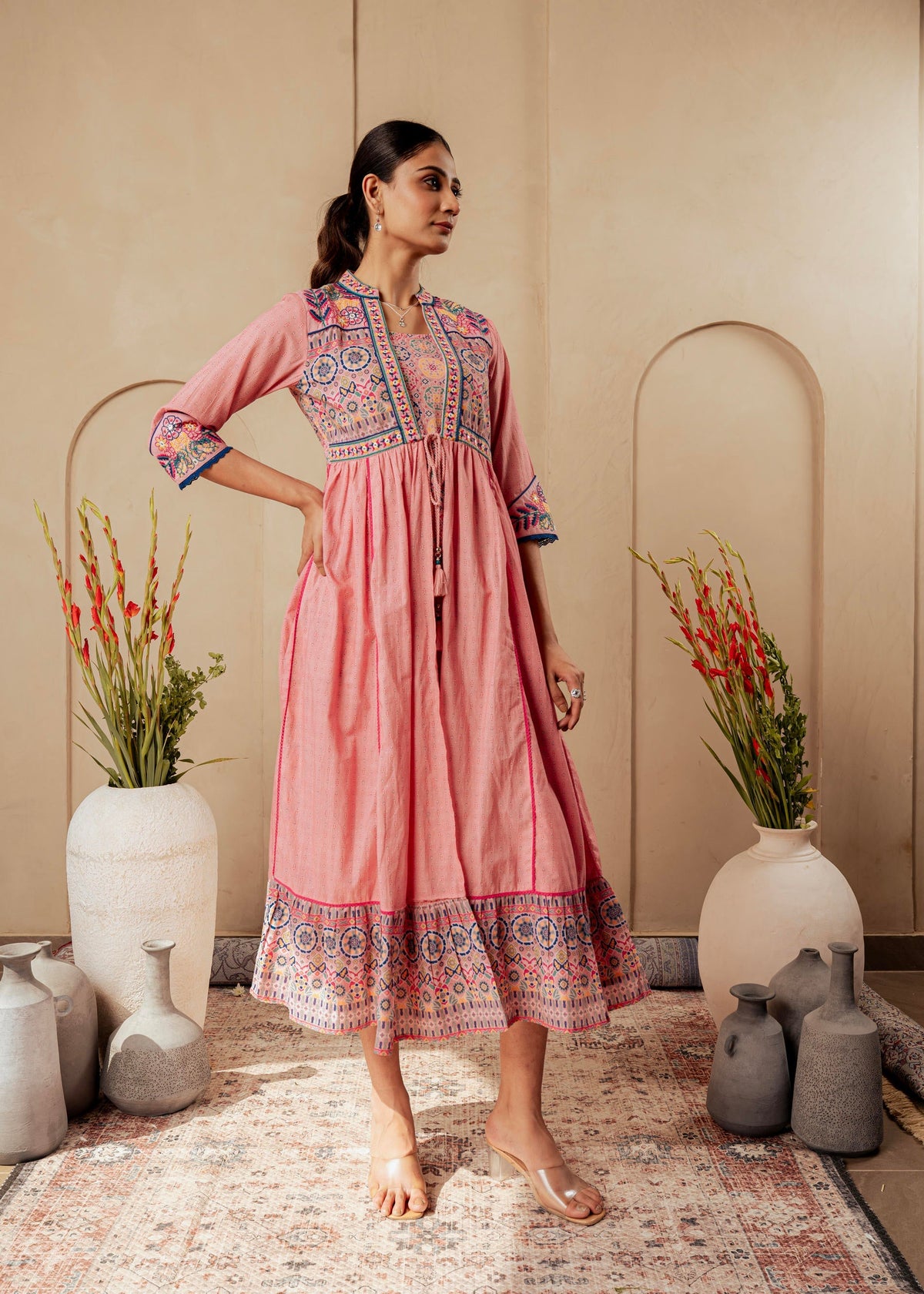 Juniper Onion Pink Embroidered Flared Midi Dress With Ethnic Motifs | Grocsy
