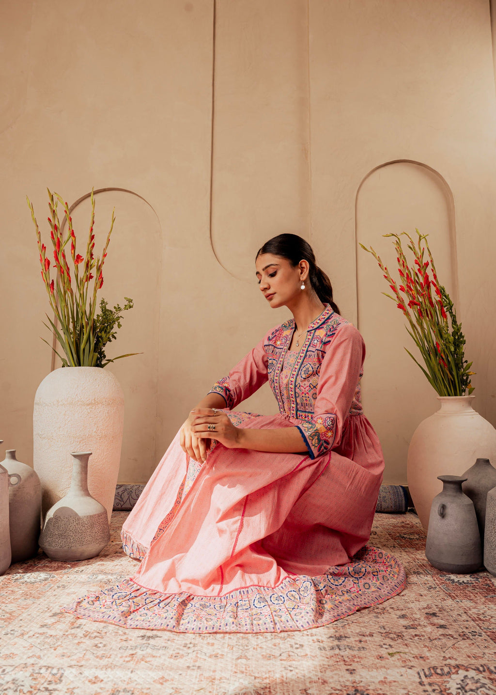 Juniper Onion Pink Embroidered Flared Midi Dress With Ethnic Motifs | Grocsy