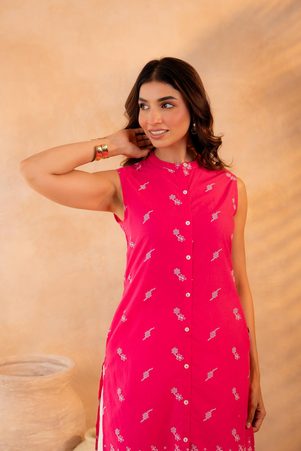 Juniper Fuchsia Bloom Border Kurta | Grocsy