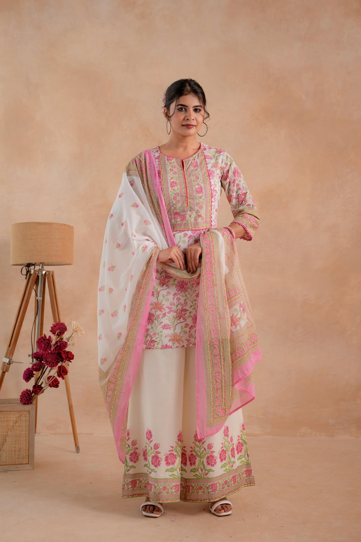 Juniper Gulbahaar Ivory Floral Printed Kurta Palazzo And Dupatta Set | Grocsy