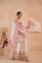Juniper Gulbahaar Ivory Floral Printed Kurta Palazzo And Dupatta Set | Grocsy