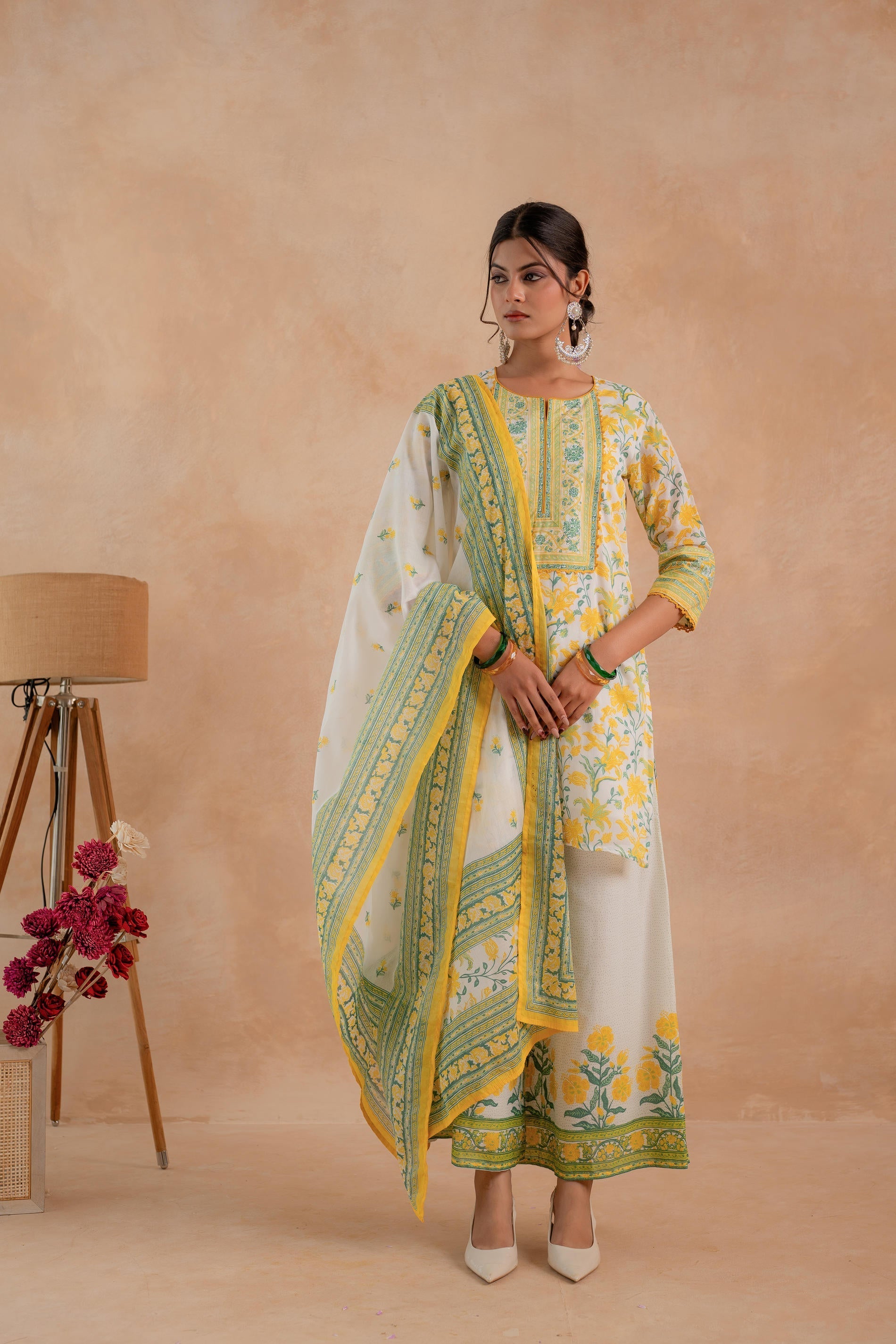 Juniper Gulbahaar Off-White Floral Printed Kurta Palazzo And Dupatta Set | Grocsy