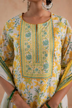 Juniper Gulbahaar Off-White Floral Printed Kurta Palazzo And Dupatta Set | Grocsy