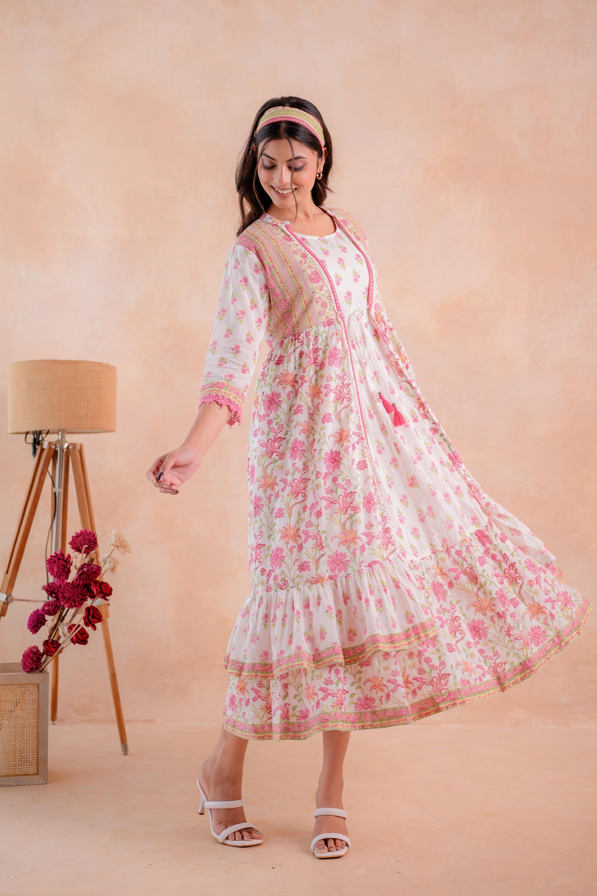 Juniper Ivory Gulbahaar Floral Tiered Dress | Grocsy