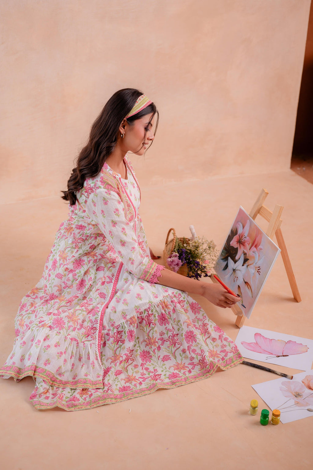 Juniper Ivory Gulbahaar Floral Tiered Dress | Grocsy