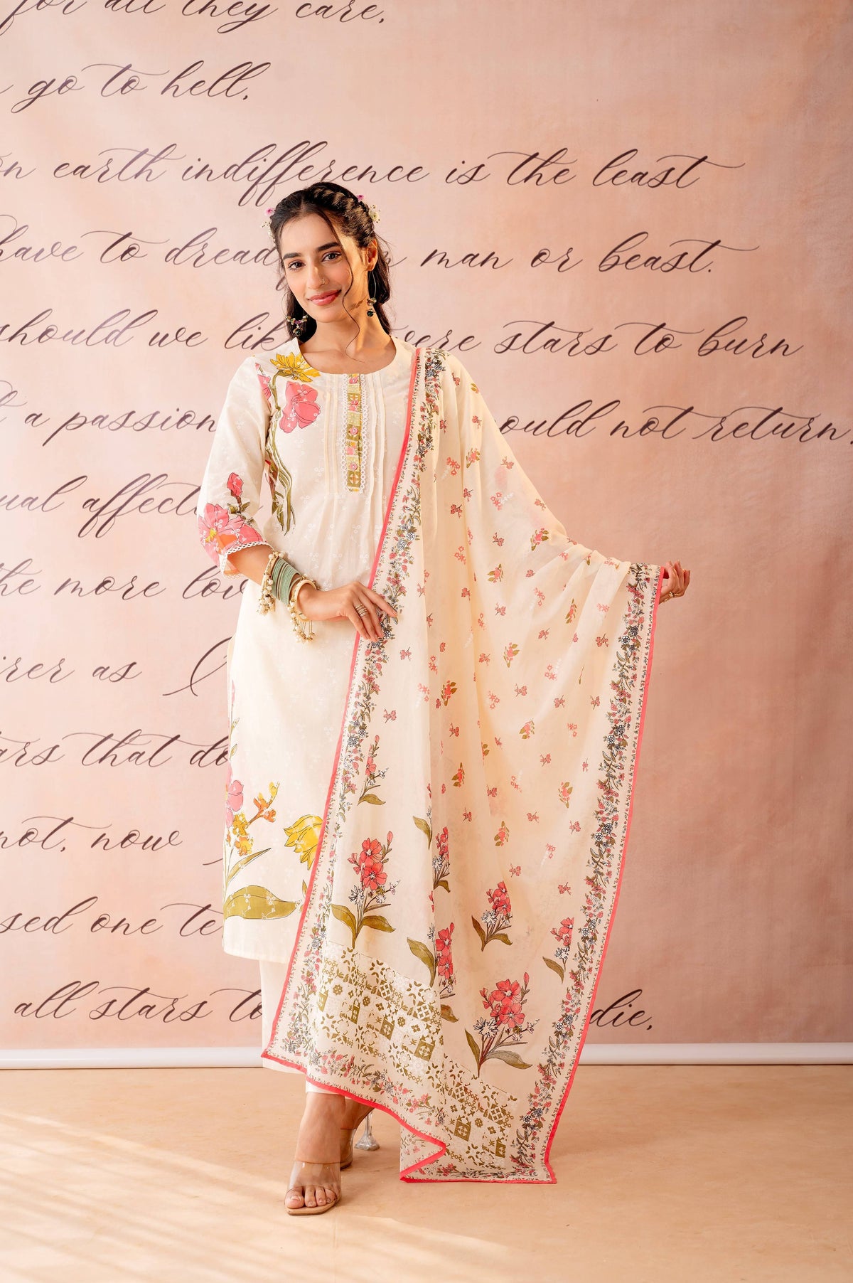 Juniper Dastaan Off-White Floral Printed Kurta Pant And Dupatta Set | Grocsy