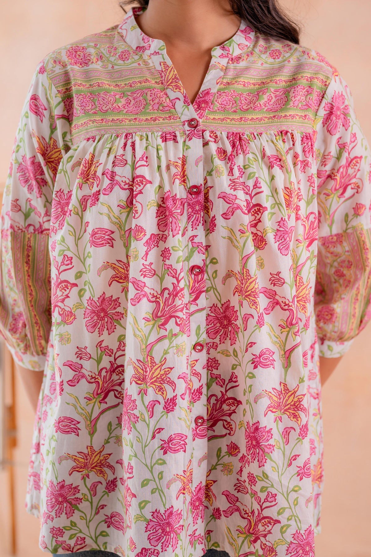 Juniper Floral Printed Gathered Ethnic Tunic | Grocsy