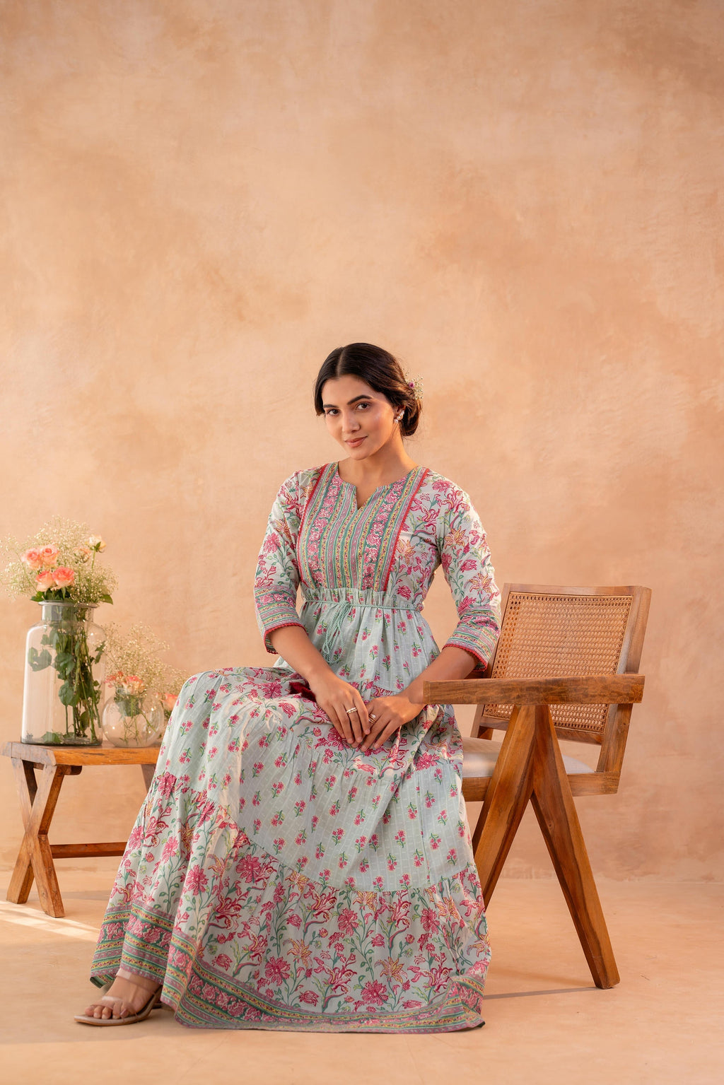 Juniper Gulbahar Bloom Sage Green Anarkali Dress | Grocsy