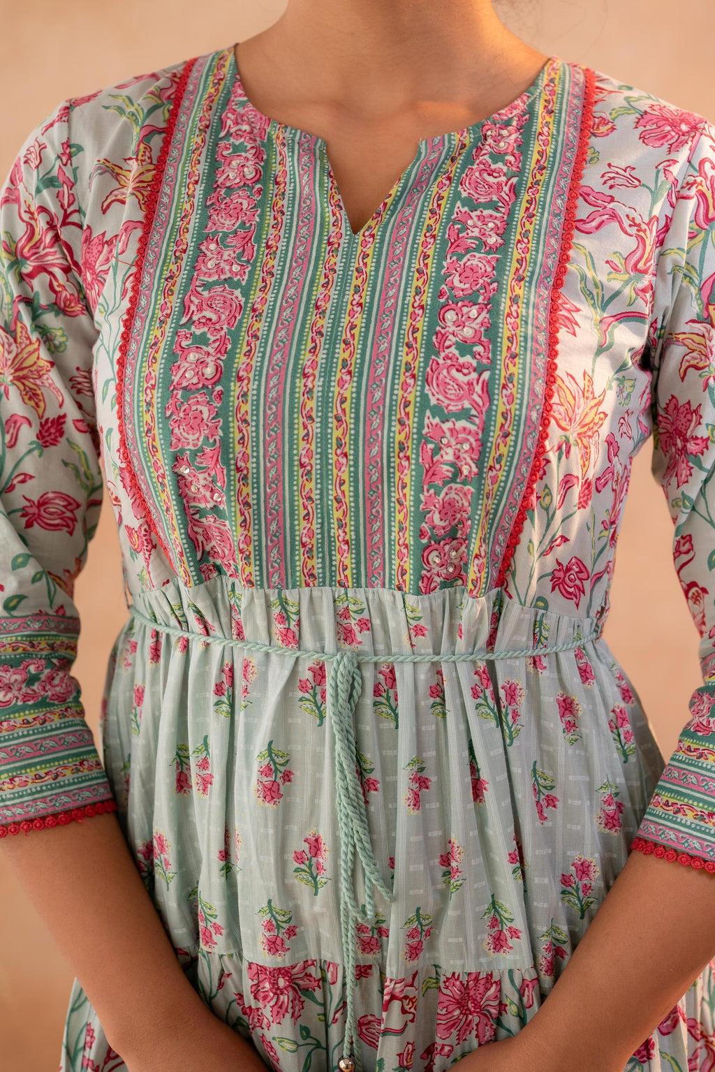 Juniper Gulbahar Bloom Sage Green Anarkali Dress | Grocsy