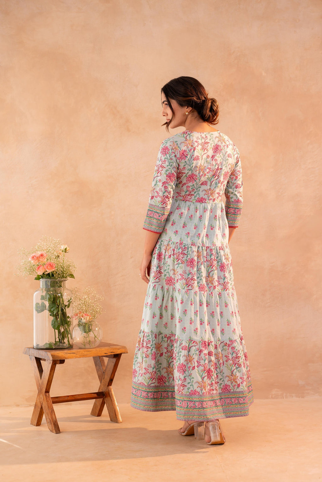 Juniper Gulbahar Bloom Sage Green Anarkali Dress | Grocsy