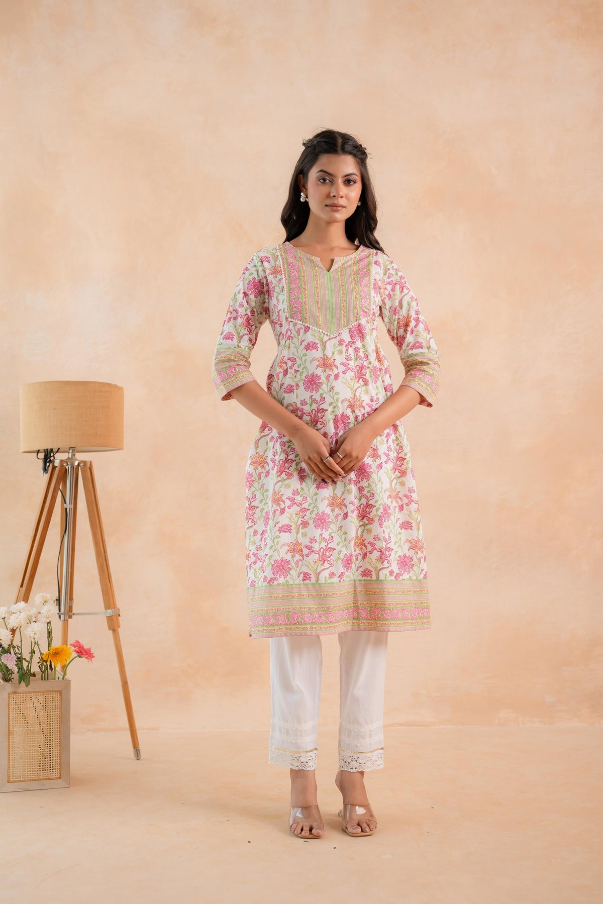 Juniper Ivory Blossom Panelled Kurta | Grocsy