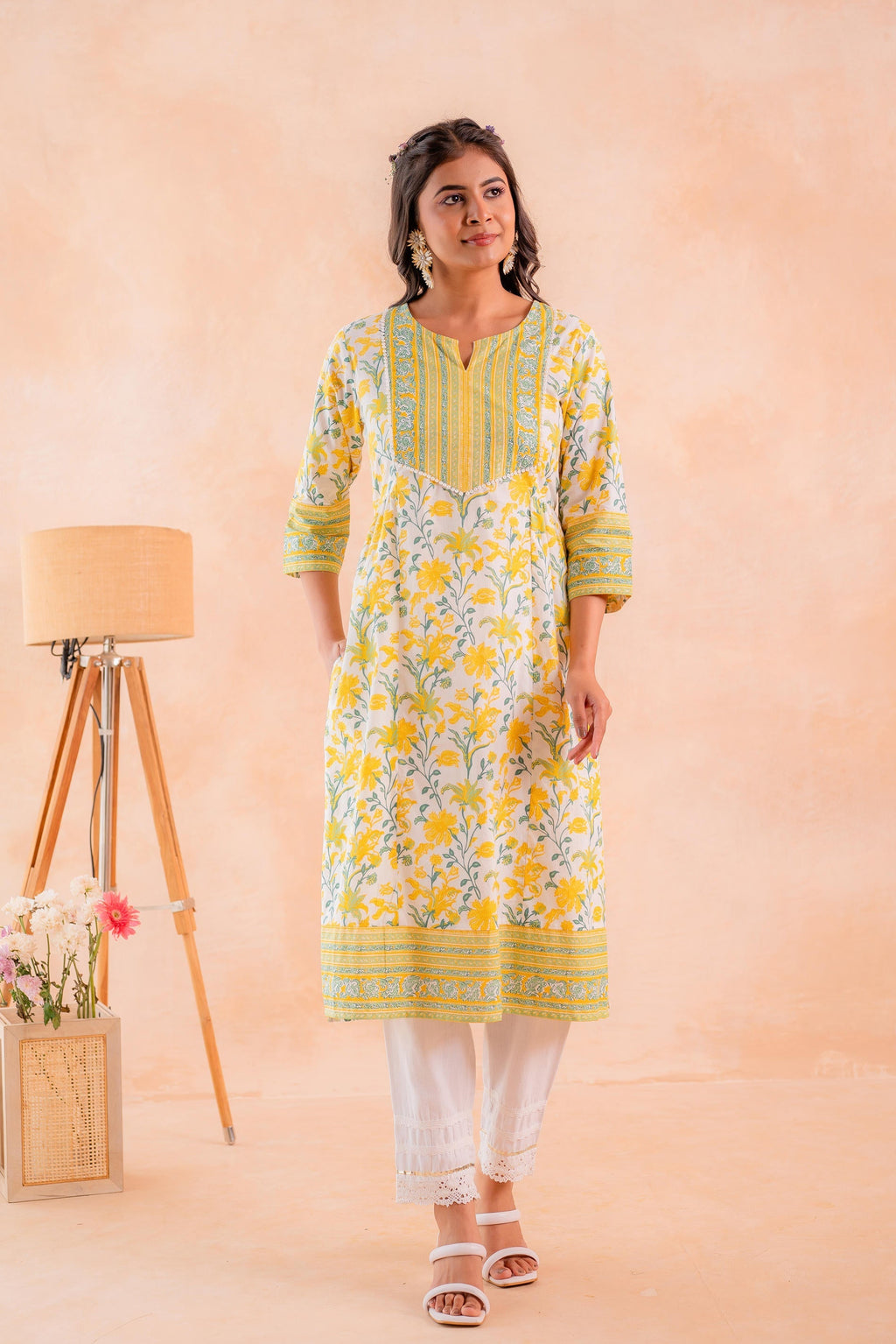 Juniper Yellow Blossom Panelled Kurta | Grocsy