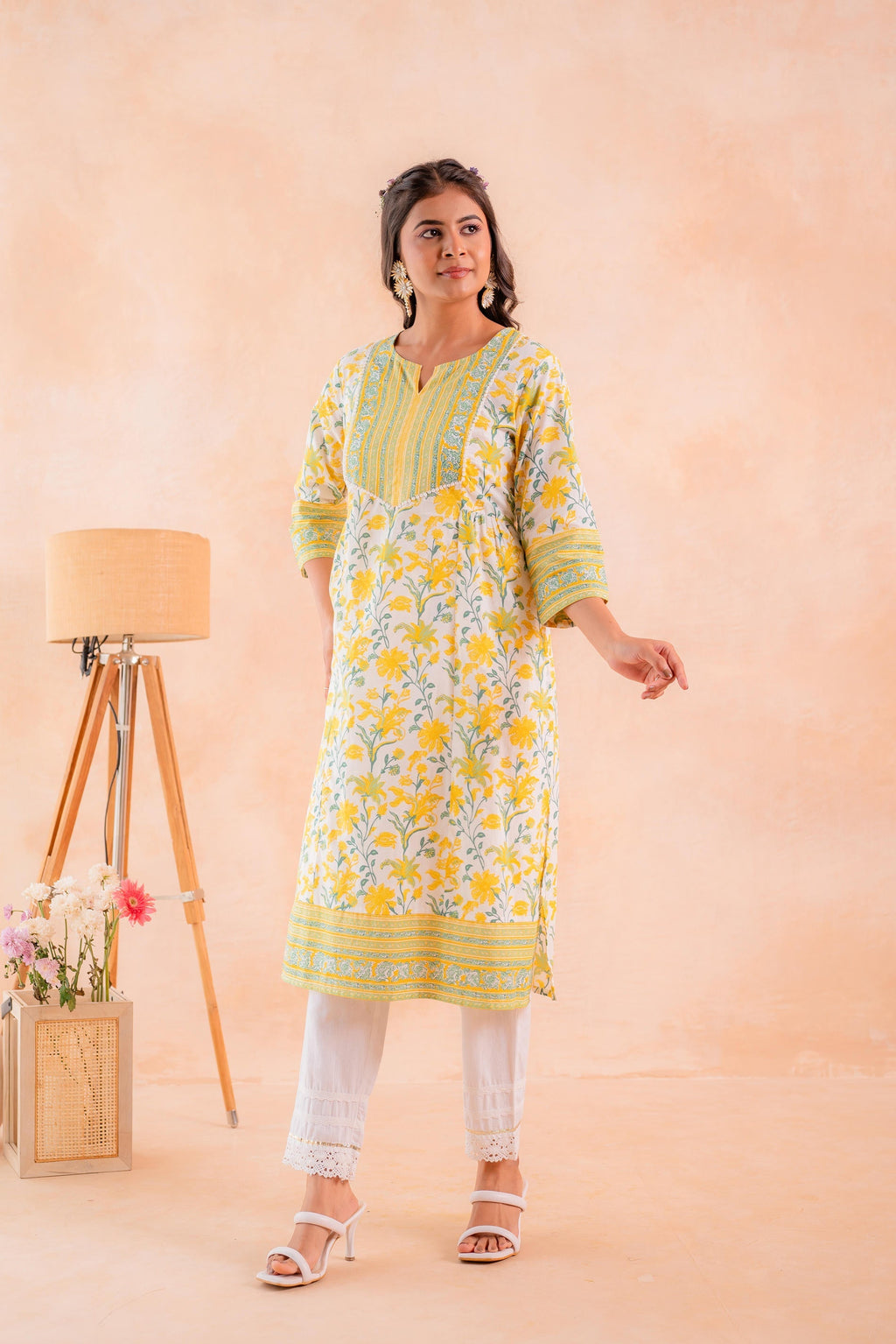 Juniper Yellow Blossom Panelled Kurta | Grocsy