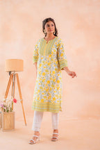 Juniper Yellow Blossom Panelled Kurta | Grocsy