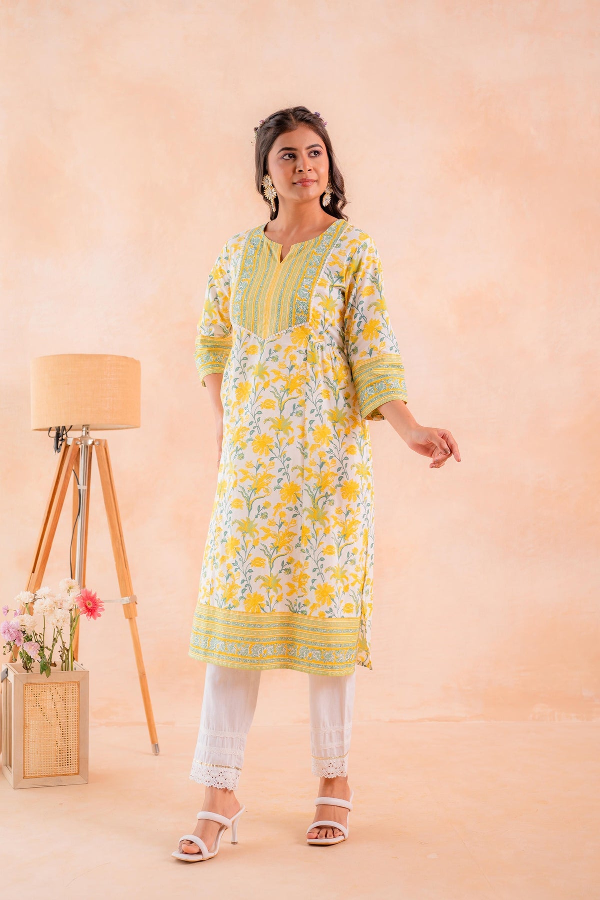 Juniper Yellow Blossom Panelled Kurta | Grocsy