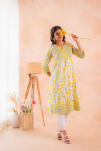 Juniper Yellow Blossom Panelled Kurta | Grocsy