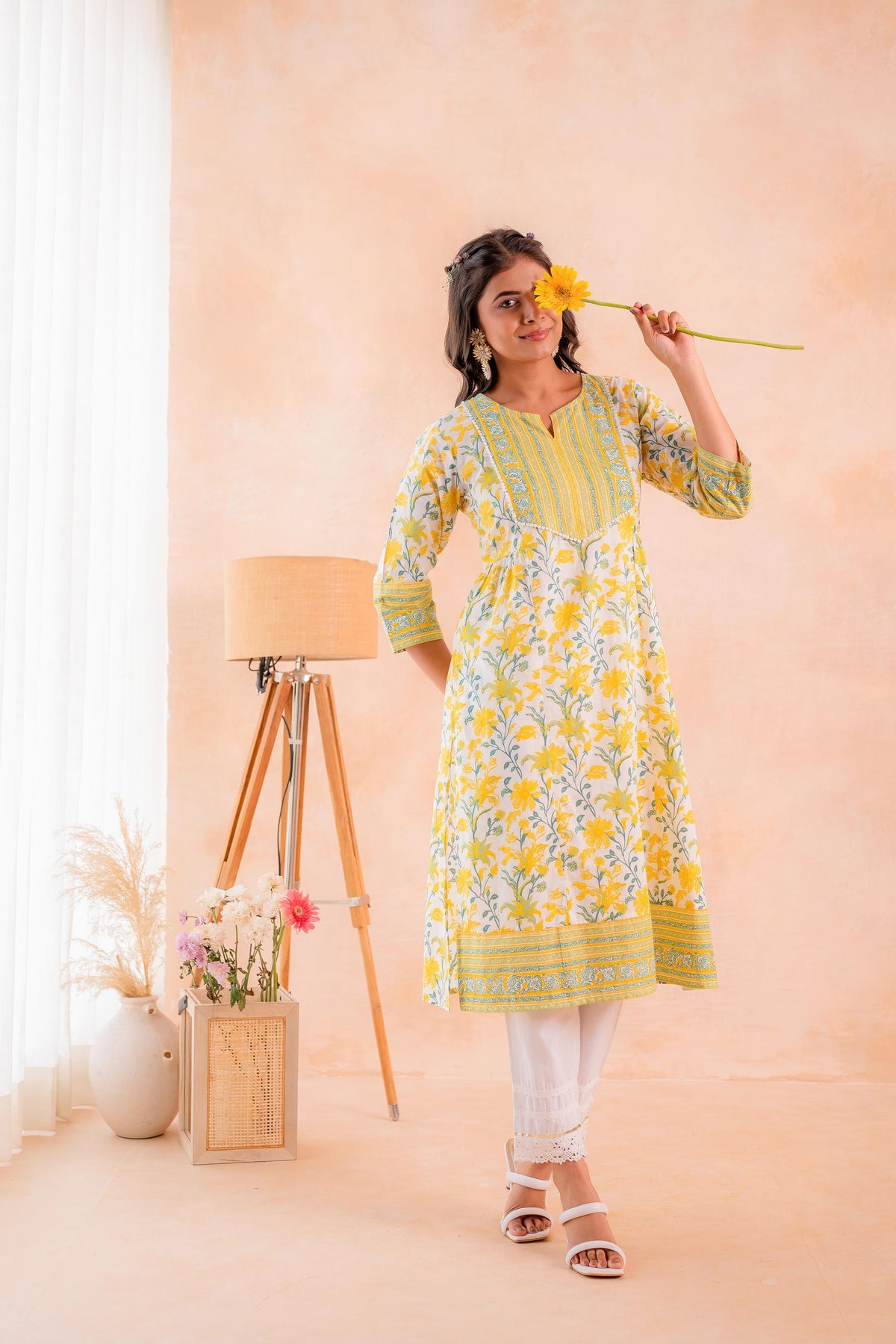 Juniper Yellow Blossom Panelled Kurta | Grocsy