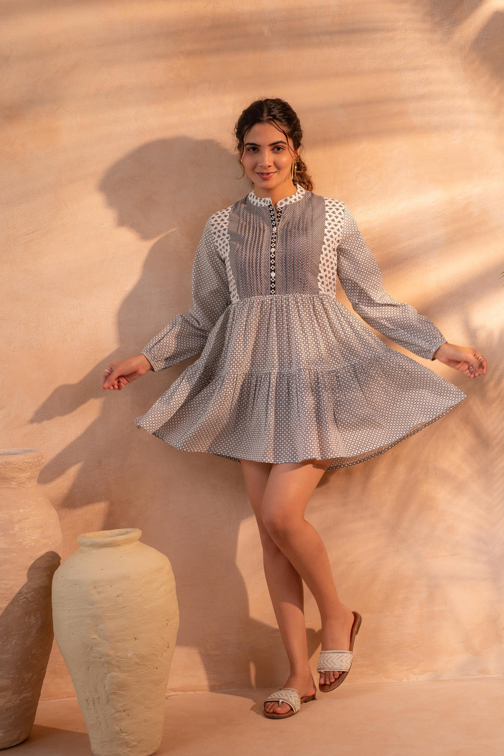 Juniper White & Black Printed Flared tunic with Pintuck Yoke | Grocsy