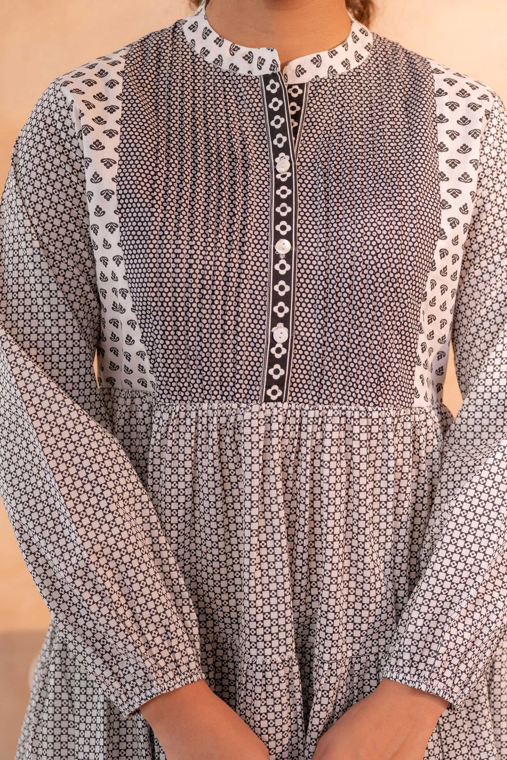 Juniper White & Black Printed Flared tunic with Pintuck Yoke | Grocsy